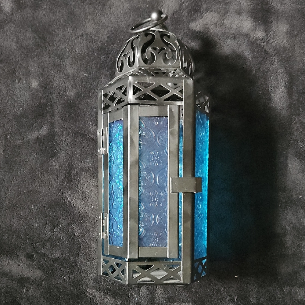 Blue Glass Metal Lantern/Candle Holder- Decorative Home Accent